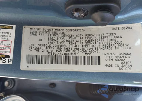 2004 Toyota 4Runner Sr5 V6 from USA, damaged, VIN JTEBU14R740034997